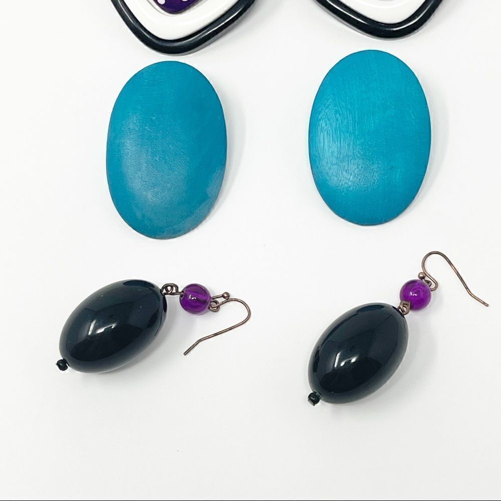 Vintage Costume Jewelry Wood Pink Teal Plastic Black Purple Lot of Earrings - Picture 3 of 5